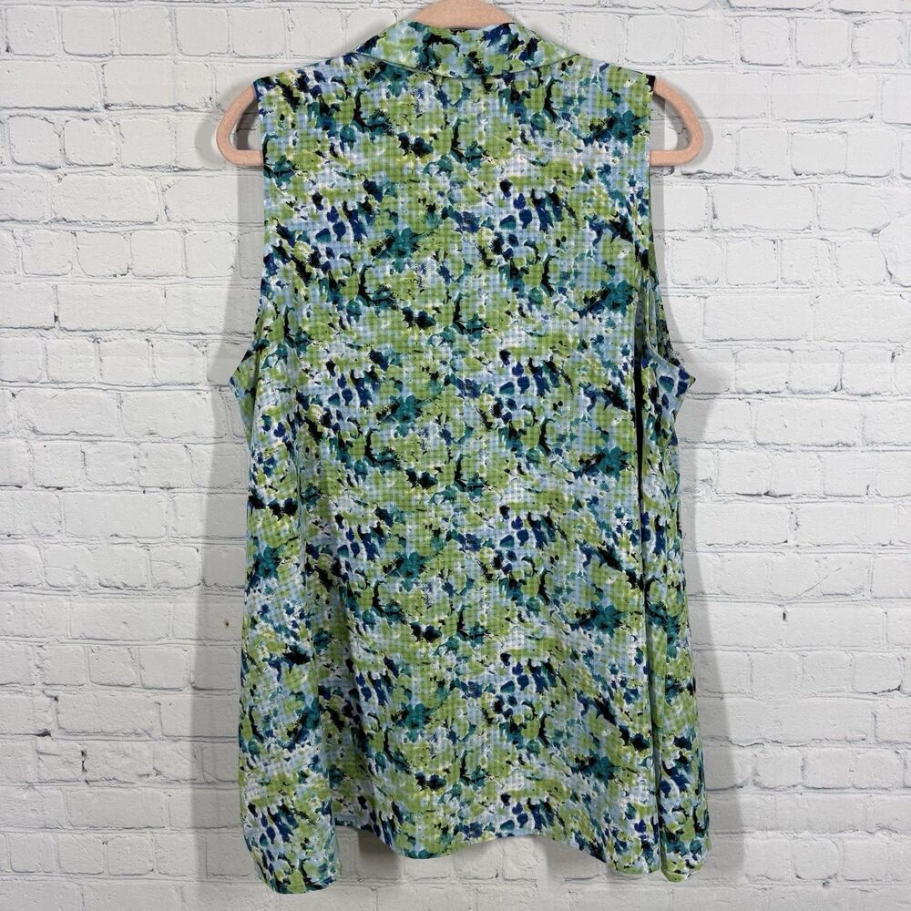 Kim Rogers Women’s Size 2X Sleeveless Button Front Blouse Green Blue Abstract Pr - Picture 3 of 10